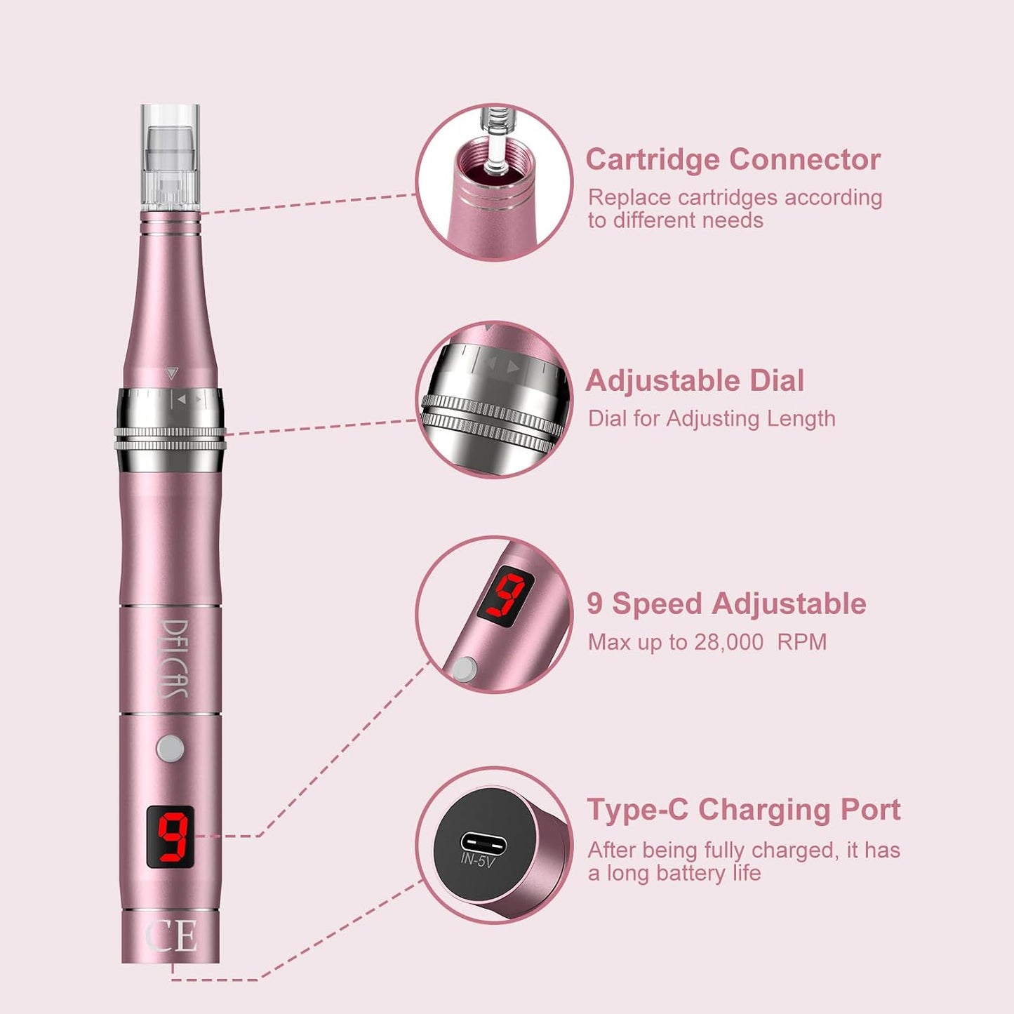Dermapen Electric Microneedling Pen Rechargeable with 12 Needles for Wrinkles Stretch Marks Acnee Scar 0-2 Mm Adjustable 3 Speeds – Grey