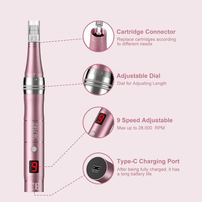 Dermapen Electric Microneedling Pen Rechargeable with 12 Needles for Wrinkles Stretch Marks Acnee Scar 0-2 Mm Adjustable 3 Speeds – Grey