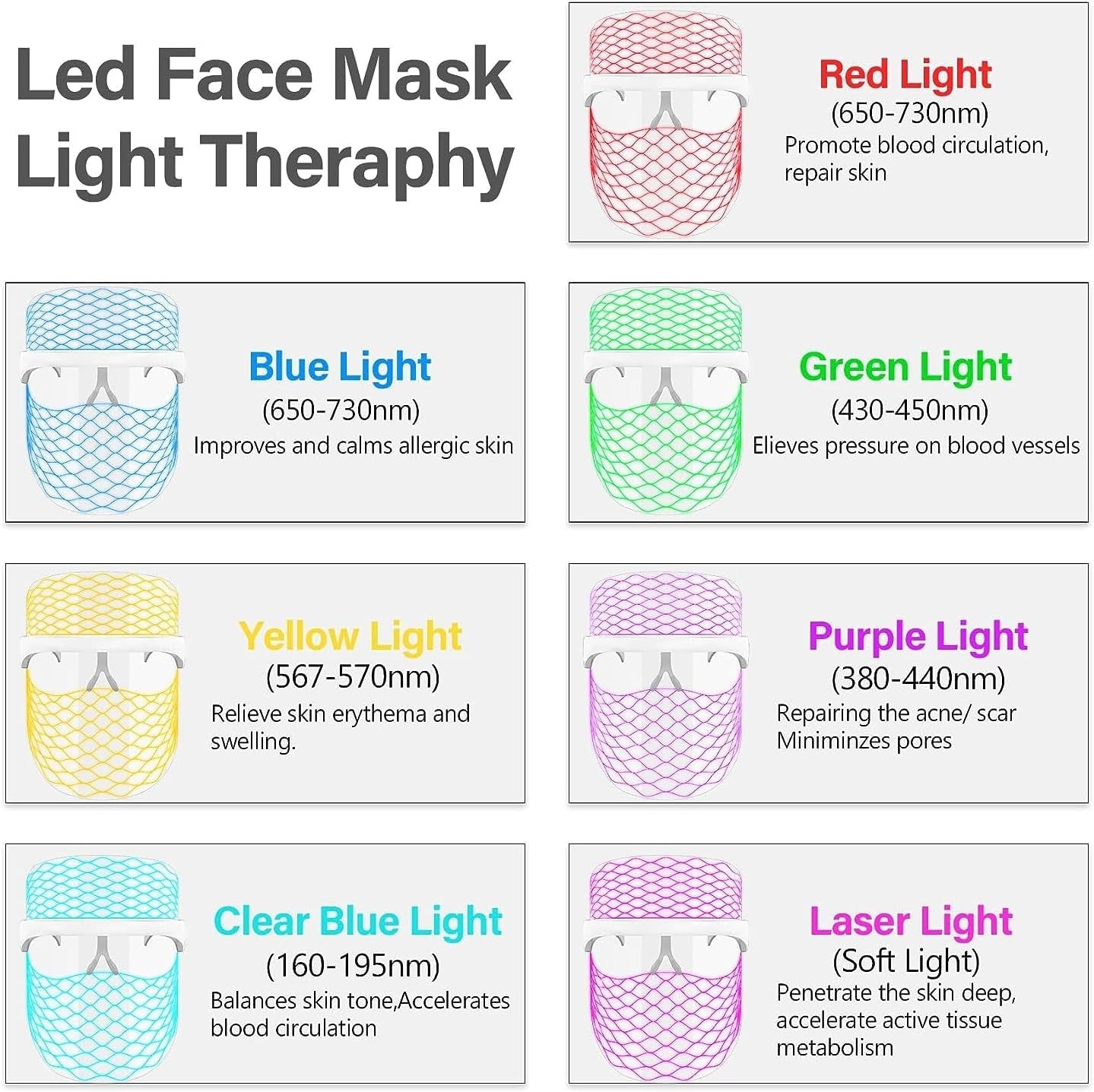 7 Colors LED Face Mask Light, Led Mask Facial,Red and ​Blue Light Mask for Face,Lightweight Home Skin Care