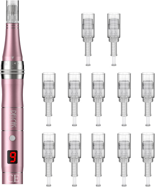 Dermapen Electric Microneedling Pen Rechargeable with 12 Needles for Wrinkles Stretch Marks Acnee Scar 0-2 Mm Adjustable 3 Speeds – Grey